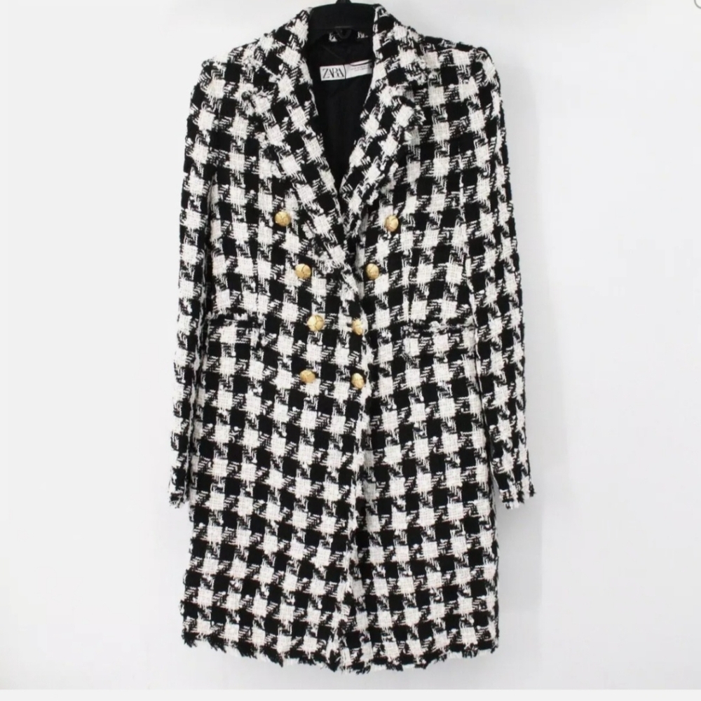 ZARA Coat Womens Double Breasted Houndstooth Black White golden buttons